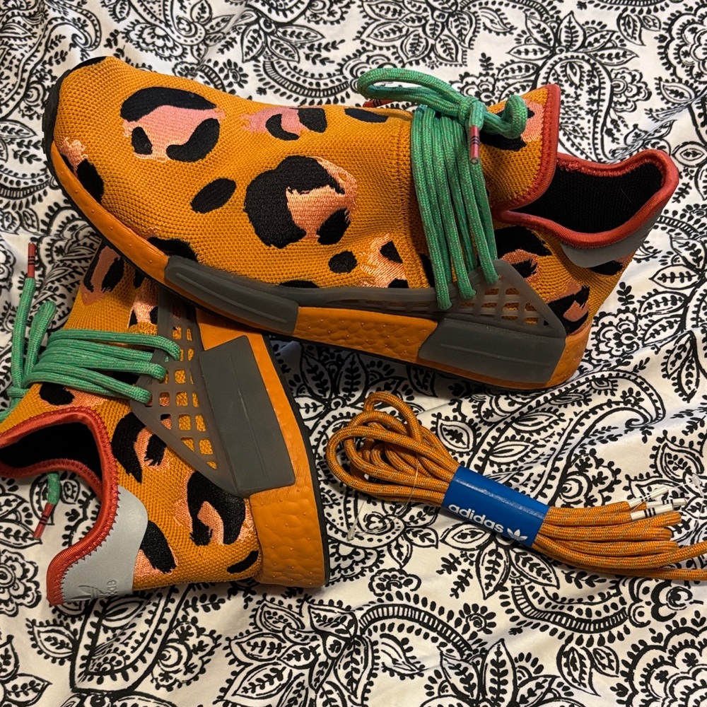 Adidas Orange Leopard Print Sneakers with Green Laces